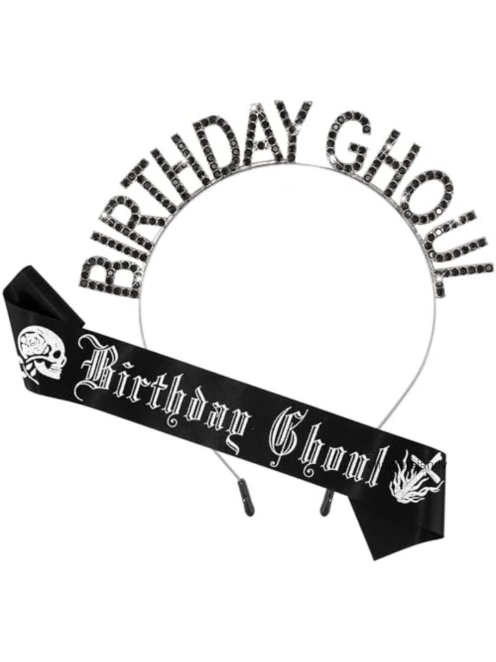 Gothic Halloween Birthday Headband & Sash Set Black Crystal Skull Party